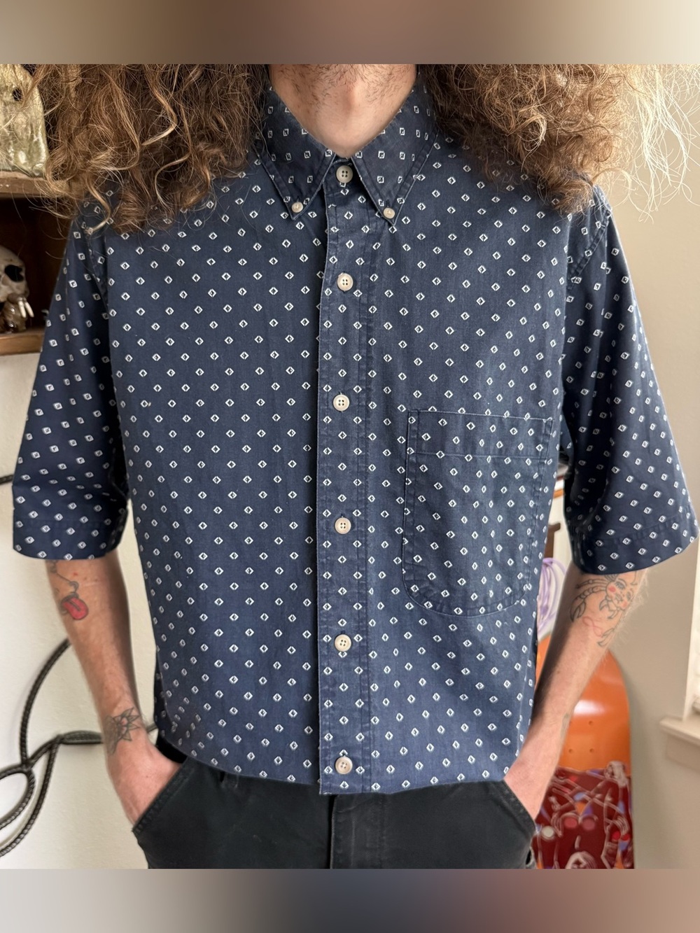 Vintage 90s Diamond Geometric S/S Button Down Shirt ~ Size Large